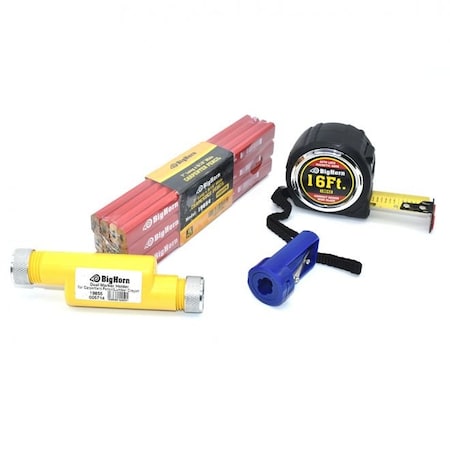 Big Horn Carpenter Tools Kit - 16ft Tape Measure, Carpenter Pencil, Sharpener, Pencil/Crayon Holder 19916